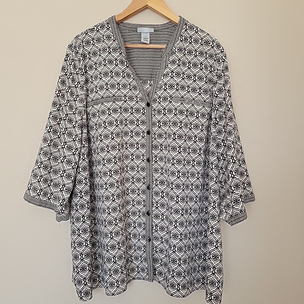 CATHERINES Womens Tunic Top Sz 3X  Button Front Floral Geometric 3/4 Sleeve